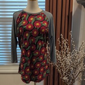 LuLaRoe Floral Raglan Top in Pink, Yellow and Gray